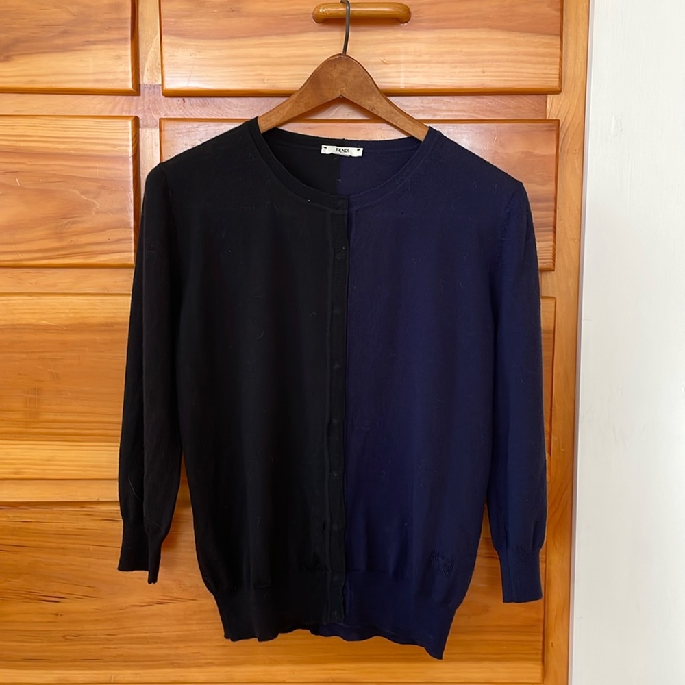 FENDI Cardigan - 100% wool - black and navy color block - super soft